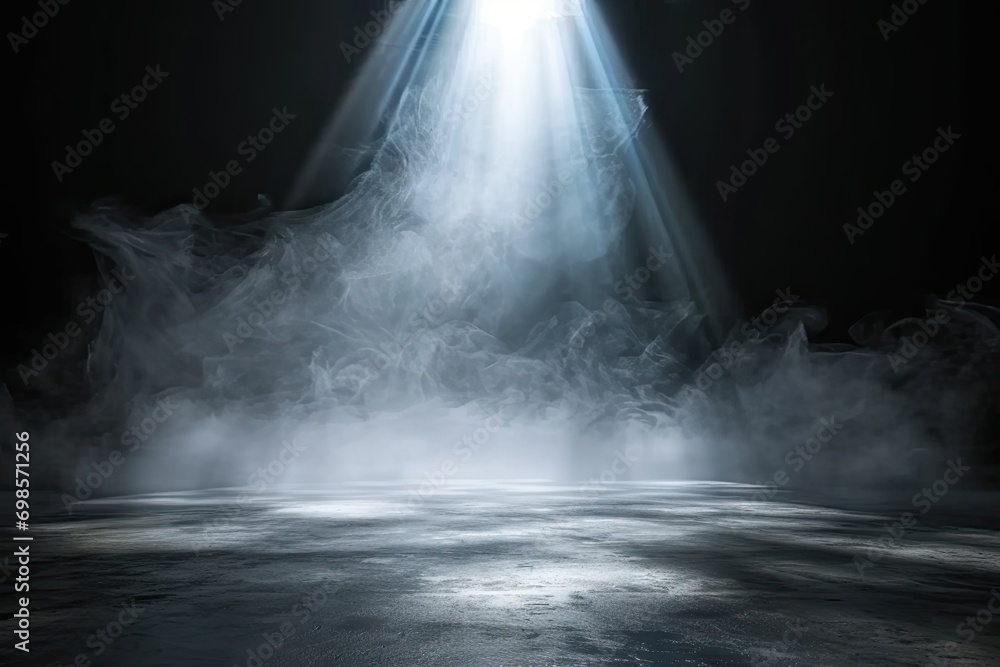 Poster mysterious and atmospheric scene with dark empty space. floor is illuminated by spotlight creating d