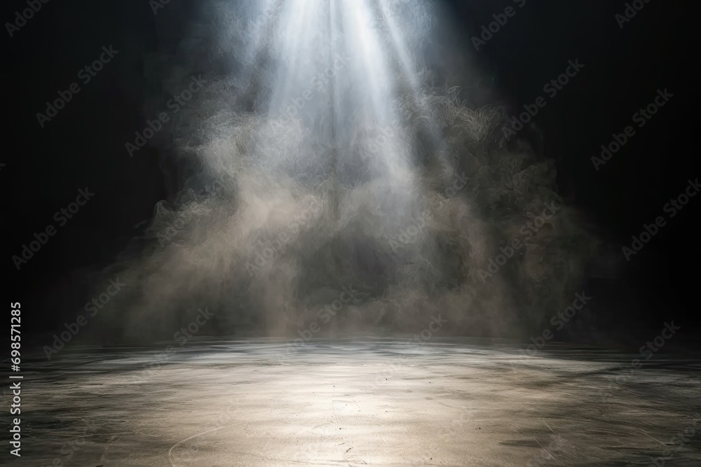 Poster mysterious and atmospheric scene with dark empty space. floor is illuminated by spotlight creating d