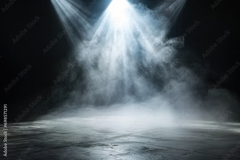 Poster mysterious and atmospheric scene with dark empty space. floor is illuminated by spotlight creating d