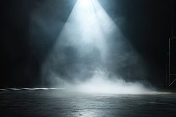 Mysterious and atmospheric scene with dark empty space. Floor is illuminated by spotlight creating dramatic interplay of light and shadows. Presence of smoke or mist element of mystery ambiance - obrazy, fototapety, plakaty