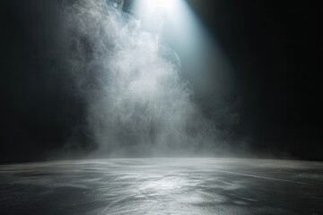 Mysterious and atmospheric scene with dark empty space. Floor is illuminated by spotlight creating dramatic interplay of light and shadows. Presence of smoke or mist element of mystery ambiance - obrazy, fototapety, plakaty