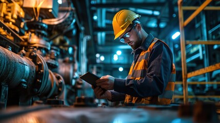 professional technician engineer with safety working in industrial manufacturing factory, checking equipment of machinery production technology