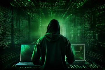 Mysterious Hacker in Technological Ambience: Illuminated by Green Lights and Codes