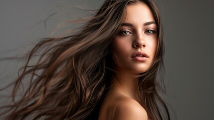 Naklejka premium beautiful woman with long locks posing against a grey background
