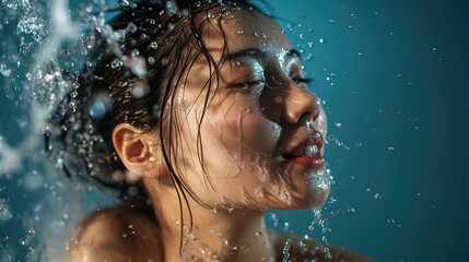 Shower, water drops and happy woman with hair care, facial cleaning and cosmetics in studio profile zoom. Asian, Japanese girl or young model in bathroom with water splash on face on blue background
