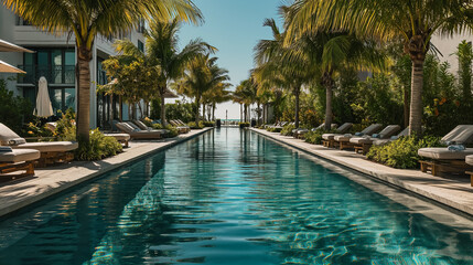 Luxurious tropical resort pool lined with palm trees and sun loungers, suggesting an upscale vacation or holiday destination