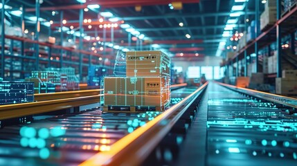 Smart warehouse management system using augmented reality technology to identify package picking and delivery . Future concept of supply chain and logistic business - obrazy, fototapety, plakaty