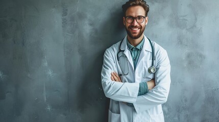 Smiling doctor standing on grey wall - obrazy, fototapety, plakaty