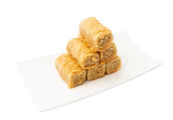 Rolled Baklava Isolated, Ramadan Dessert Roll on Restaurant Plate, Eastern Sweet Pastries