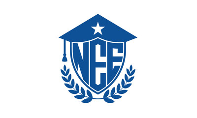 NEE three letter iconic academic logo design vector template. monogram, abstract, school, college, university, graduation cap symbol logo, shield, model, institute, educational, coaching canter, tech