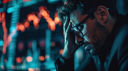 Stock market crash, business man sad, depressed or tired in dark background mock up and data overlay. - obrazy, fototapety, plakaty