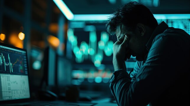 Stock market crash, business man sad, depressed or tired in dark background mock up and data overlay.