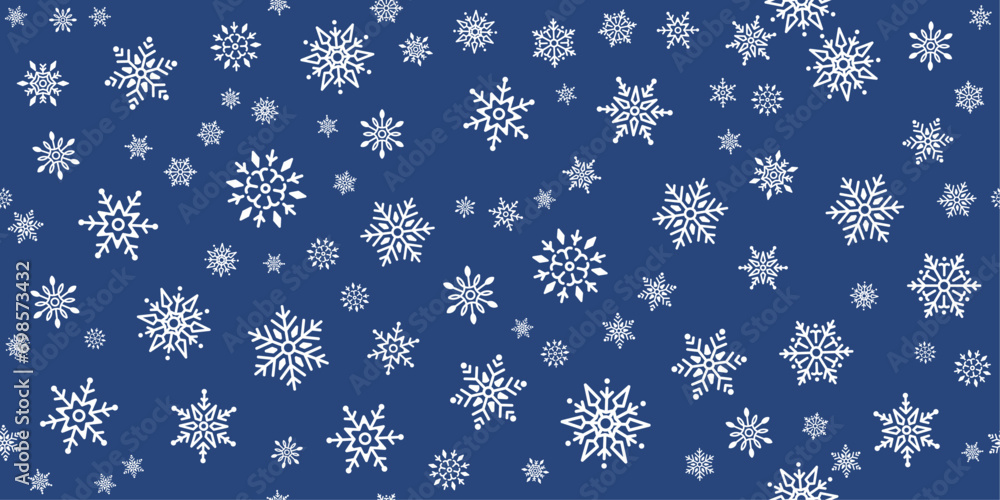Poster a background of snowflakes dotted randomly across a blue canvas.