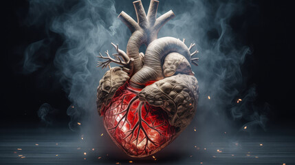 Human Heart in Cigarette and Vape Smoke on a Dark Background. Anatomical View. Heart Diseases and Infarct. For Cardiology. Smoking harm concept. Cardiovascular Disease Awareness. 3D Illustration. - obrazy, fototapety, plakaty