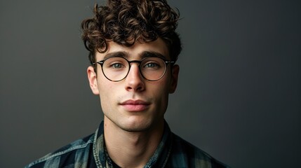 Obraz premium Handsome young man wearing glasses against a gray background
