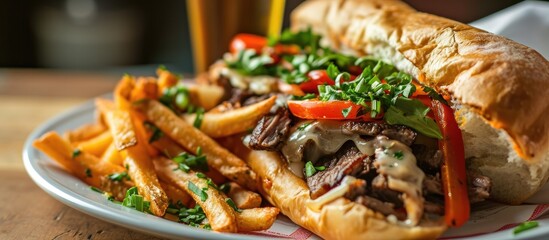 Philly cheese steak sandwich with veggies and fries. - obrazy, fototapety, plakaty