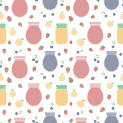 Seamless pattern with berries and fruits and jars of jam or juice in flat - 698573684