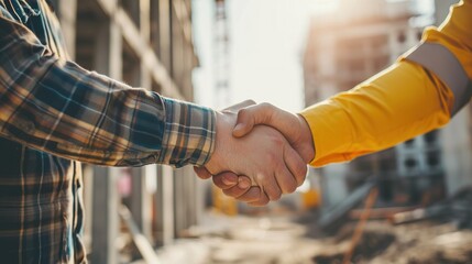 Successful deal, male architect shaking hands with client in construction site after confirm blueprint for renovate building.