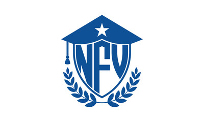 NFV three letter iconic academic logo design vector template. monogram, abstract, school, college, university, graduation cap symbol logo, shield, model, institute, educational, coaching canter, tech