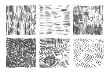 Pen grunge shapes. Scratch patterns for texturing, shadows, brushes. Shaded squares. Vector monochrome elements isolated on white background