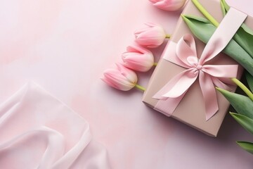 A pink tulip flowers bouquet and a gift box with a ribbon. ai generated
