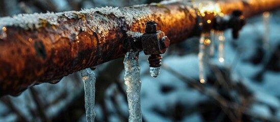 Frozen ice causes copper water pipe to burst.
