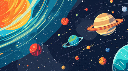 Space background for kids with planets and stars from surface of Moon, cartoon illustration - obrazy, fototapety, plakaty
