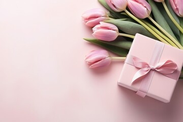 Obraz na płótnie Canvas A pink tulip flowers bouquet and a gift box with a ribbon. ai generated