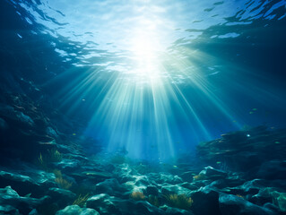 Fototapeta na wymiar Underwater ocean blue abyss diving scene with natural sea life and sunlight