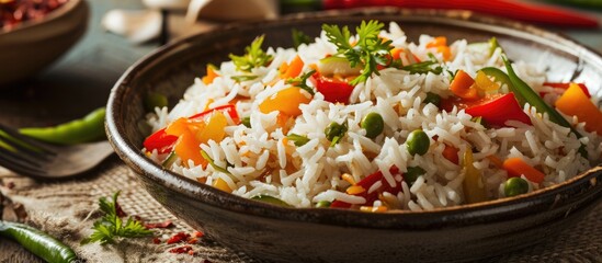 Indo-Chinese cuisine dish made with Basmati rice and vegetables like bell peppers, green beans, and carrots. - obrazy, fototapety, plakaty