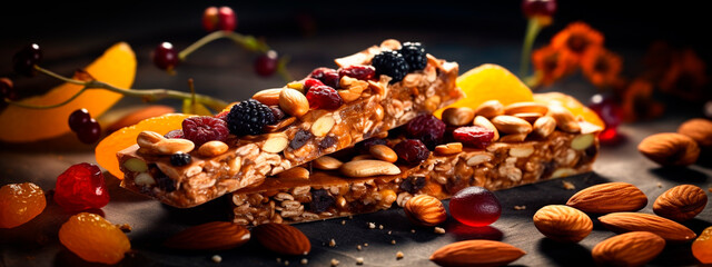 Cereal bars with dried fruits and nuts. Selective focus. - obrazy, fototapety, plakaty