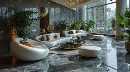 Reception Radiance: Ellipsoid Couches and Feature Wall Flair