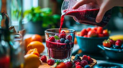 Make a smoothie with berries in the kitchen. Selective focus. - obrazy, fototapety, plakaty