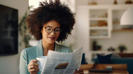 Black afro American woman enjoying a quiet morning routine at home, dressed in casual attire, she sips on a cup of coffee, reads the newspaper before heading to the office