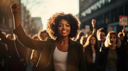 Portrait of a black woman marching in protest with a group of people in city street and hand up in the air - obrazy, fototapety, plakaty