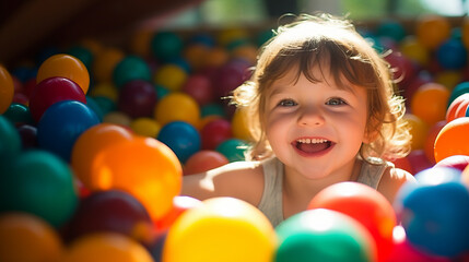 Fototapeta na wymiar Portrait of happy kid child playing at balls pool playground, young girl playing with multicolored plastic balls in big dry paddling pool at a playing centre