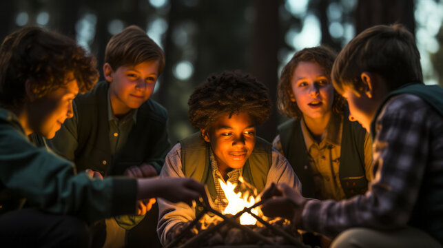 Group of boys scouts on an adventurous camping trip, learning essential outdoor skills, like setting up camp, cooking over an open fire