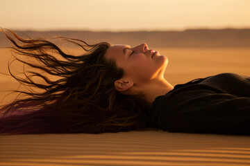 Fototapeta premium A young woman lying in the desert in front of the sunset, sand