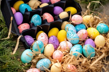 Fototapeta na wymiar Box full colorfull easter egg treats children egg hunting
