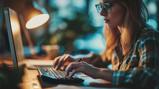 Woman Accountant Using Calculator And Computer In Office Panoramic Banner, Finance And Accounting Concept