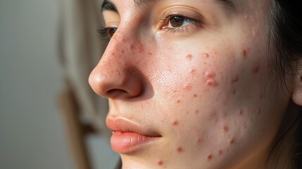 Woman with acne skin problem with hormonal acne, close up. Hormonal acne, adult acne face before photo. Matching after photo with clear skin, retouched skin.