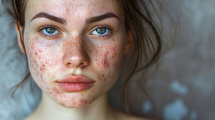 Woman with acne skin problem with hormonal acne, close up. Hormonal acne, adult acne face before photo. Matching after photo with clear skin, retouched skin. - obrazy, fototapety, plakaty