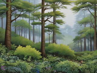 Obraz premium Natural forest scene with various forest trees in river art