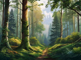 Natural forest scene with various forest trees in river art