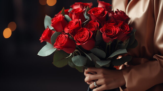 woman with red rose bouquet. bokeh. Valentine's day. Generated AI.
