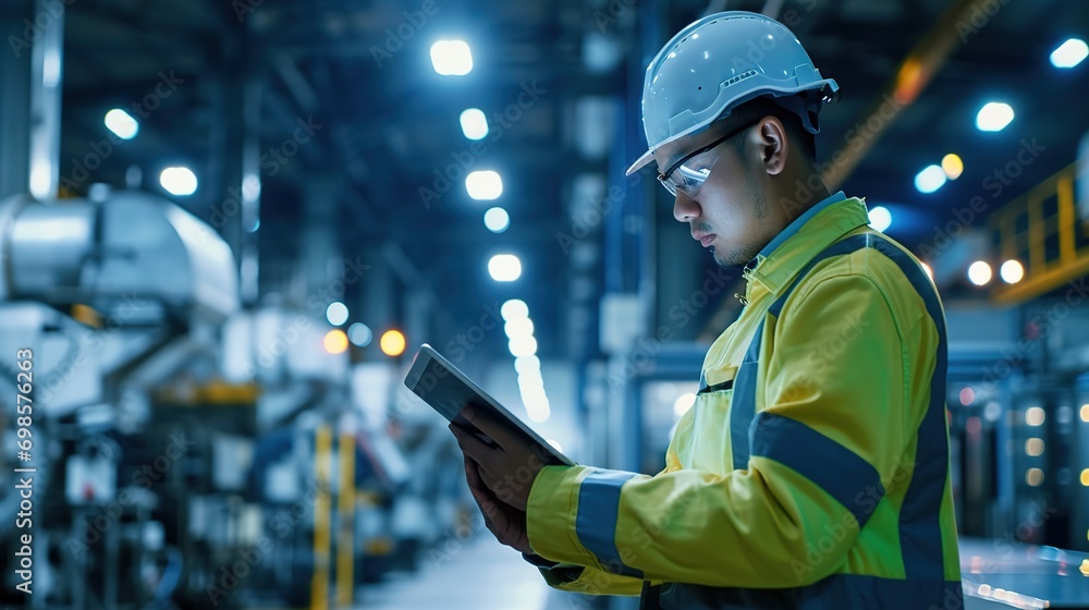 Poster worker and engineer using tablet computer for inspection and checking production process on factory 