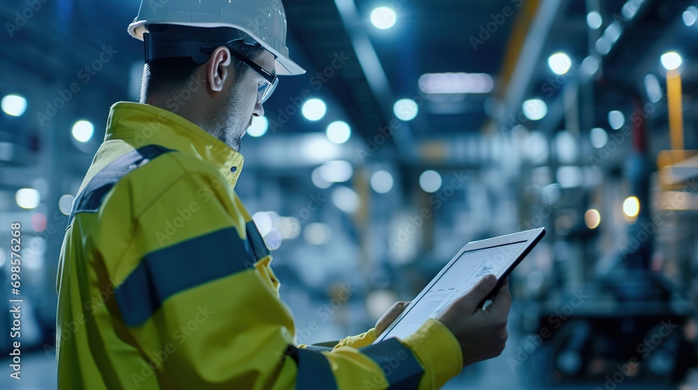 Poster worker and engineer using tablet computer for inspection and checking production process on factory 