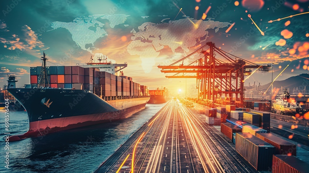 Poster world map with logistic network distribution on background and logistics industrial container cargo 