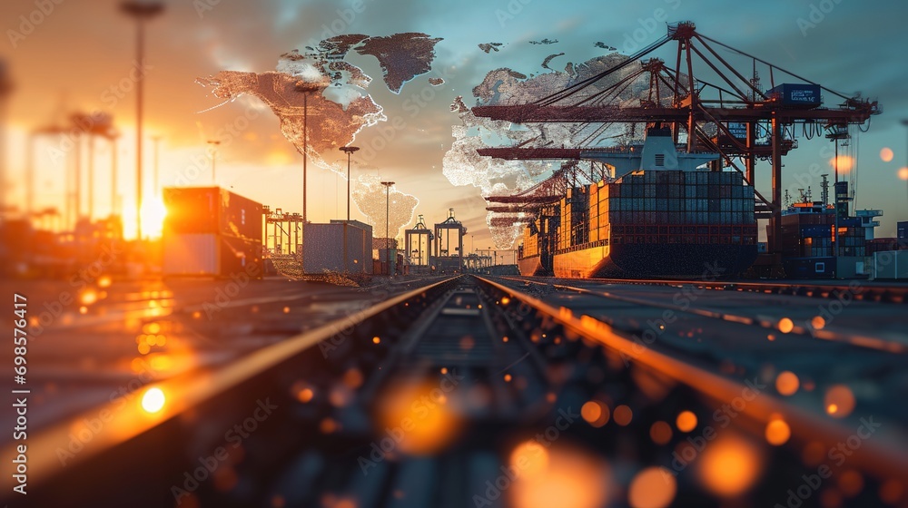 Poster world map with logistic network distribution on background and logistics industrial container cargo 