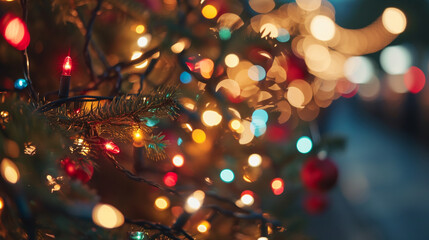Festive holiday scene with Christmas lights and bokeh effect, AI Generated